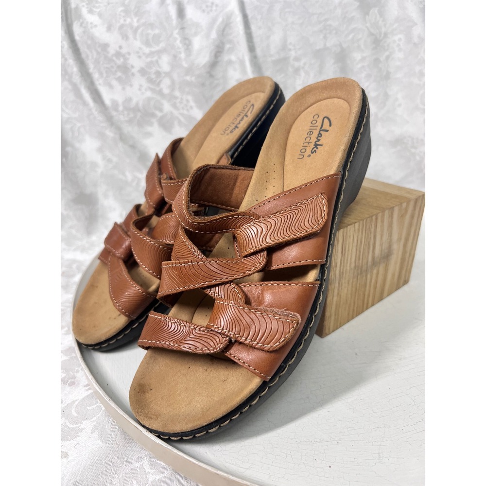 Clarks Collection Leisa Janna Tan Brown Leather Strappy Wedge Sandals 9.5 M